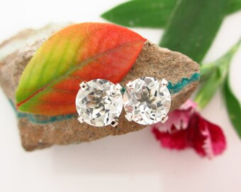 White Topaz Screw Back Studs, Platinum or 14k Gold Screw Back Earrings with White Topaz, White Gold or Yellow Gold Screwbacks