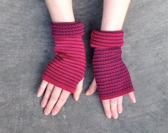 Arm Warmers Fingerless Gloves Fuchsia Mittens Merino Wool Striped Gloves Mitaines en Laine Merinowolle Armstulpen