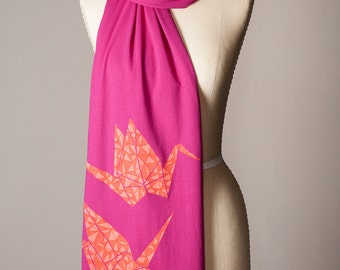 paper crane scarf, hot pink scarf, magenta scarf, raspberry scarf, fuchsia scarf