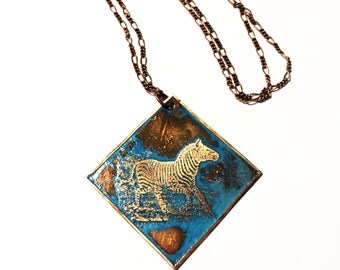 Etched Copper Necklace Zebra with Patina - Free Domestic Shipping