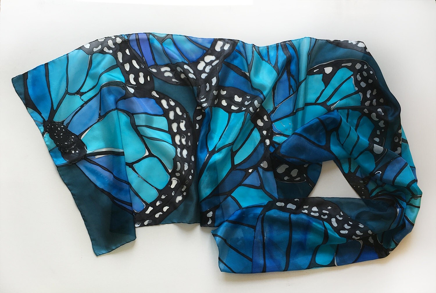 Butterfly Wing Silk Scarf/ Petroleum Blue and aqua scarf/ Hand