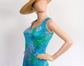 Vintage 60s Mod Floral Bathing Suit / Bombshell Pinup Retro Swimsuit Maillot One Piece / 1960s Flower Print / 1970s Bather / Sz 14 / Large