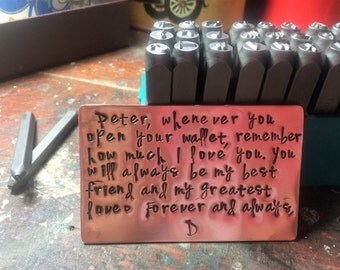 Copper Wallet Hand Stamped Insert Card-NO CHARACTER COUNT-any amount of words for 25 dollars