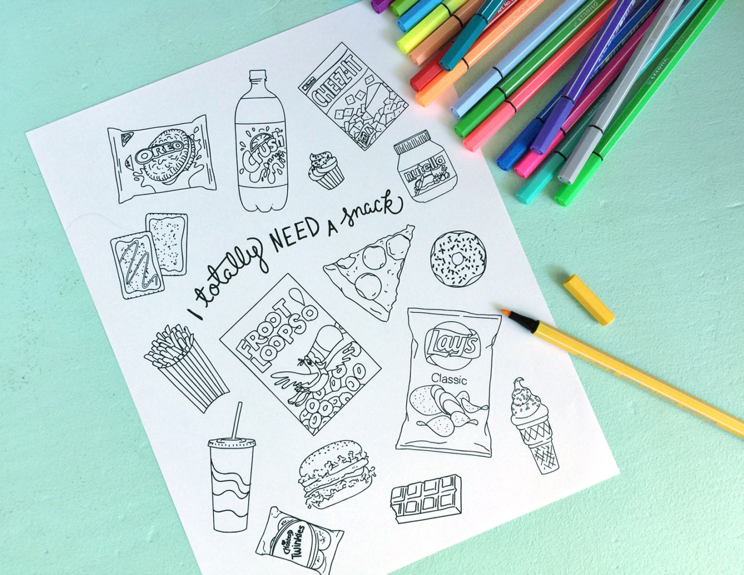 Printable JUNK FOOD Coloring Page Digital File Instant