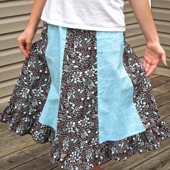 Girls Long Modest Brown and Teal Floral A-line Ruffle Skirt