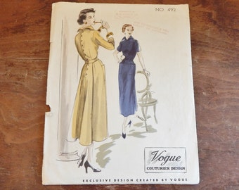Vintage Pattern Vogue Couturier Design One Piece Dress 40's 50's Mid Century Designer Fashion Sewing No. 492 Ladies Day Dress Ephemera