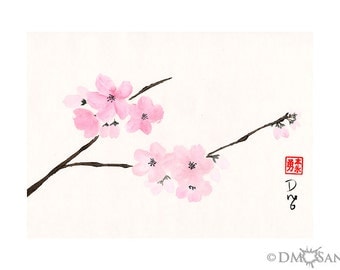 Cherry Blossoms - sumi-e watercolor painting (Print)