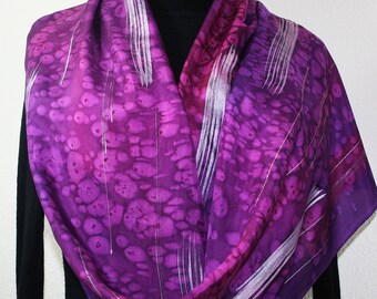 Purple Silk Scarf, Handpainted Silk Shawl, Handmade Silk Wrap PURPLE FIREWORKS, Large 14x72, Birthday Gift, Mother’s Day
