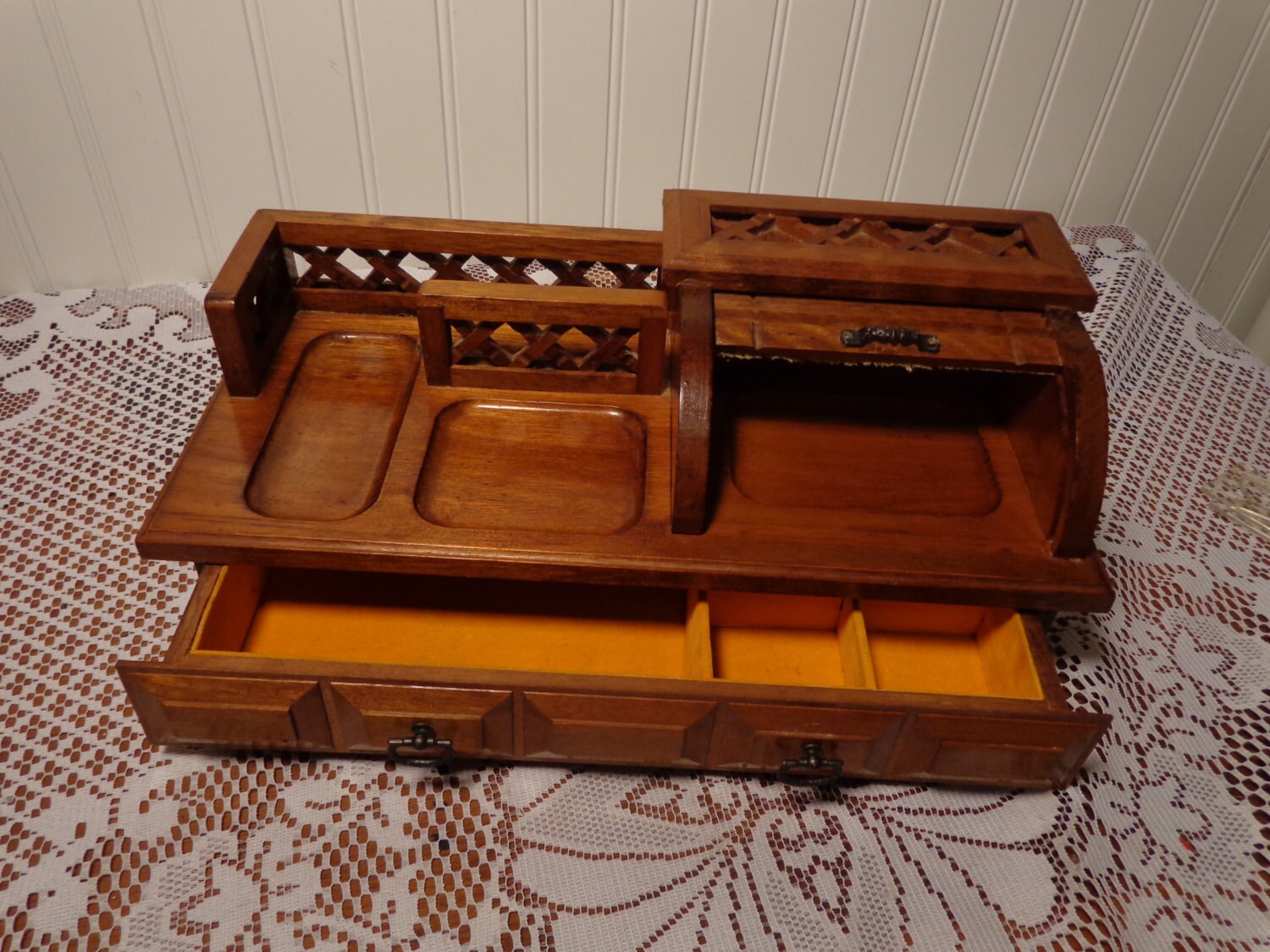 Vintage Dresser Valet with Drawer Men's Wood Jewelry Box