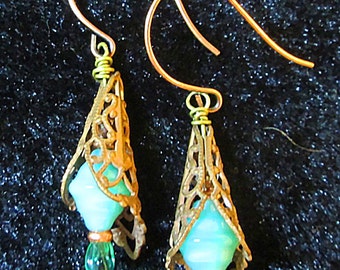Copper Filigree Earrings with Lampework Green Beads.
