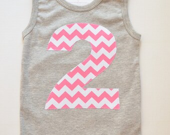 Girls 2nd Birthday Tank Top, Second Birthday Shirt, Gray and Pink, Pink White Chevron, Ready to Ship, Size 2, Applique Number 2 Tank Two 2T