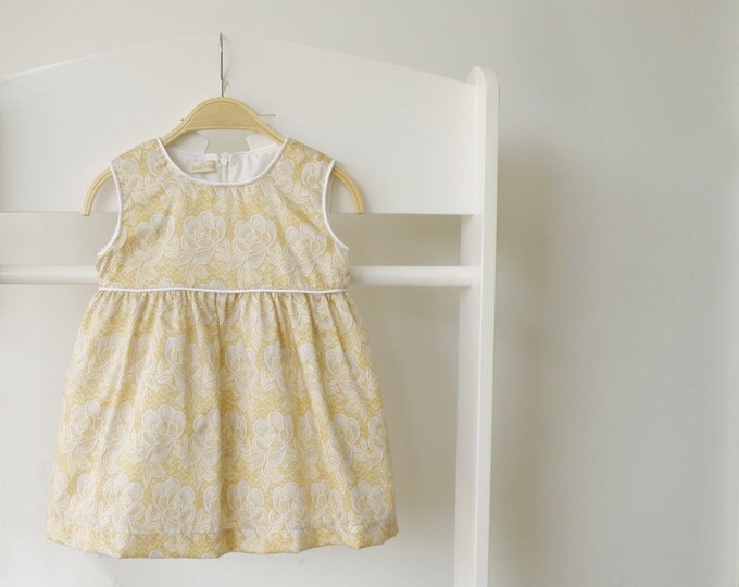 Little Girl Gold Floral Dress, Baby Cotton Silk Dress and ruffles diaper cover, Baby Sleeves Summer Dress