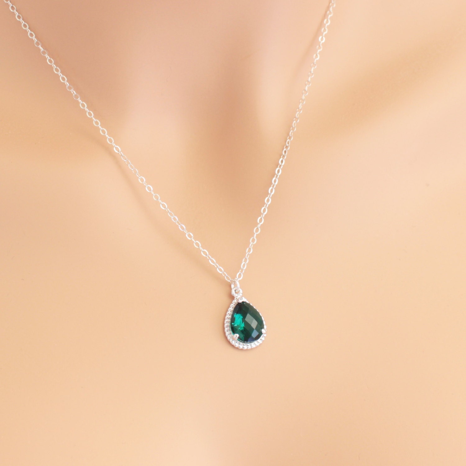 Emerald Necklace Silver Tear Drop Emerald Birthstone by beadxs