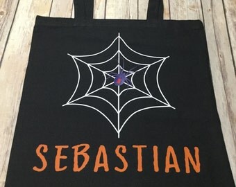Spider web personalized name Halloween trick or treat Tote Bag