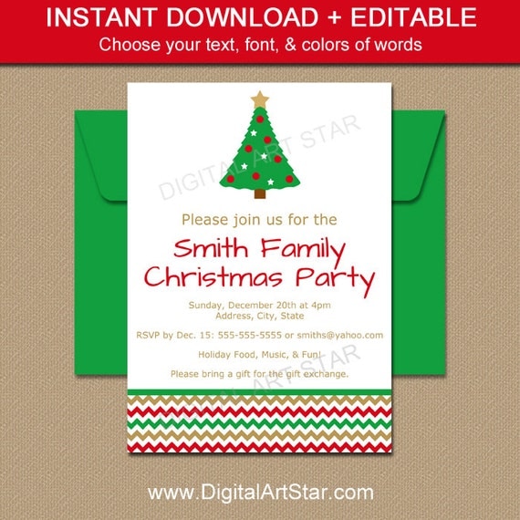 Instant Download Christmas Invitations EDITABLE by digitalartstar