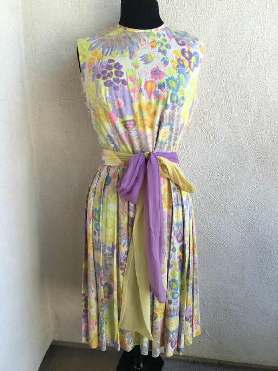 Vintage Mid century perky yellow floral dress pleats sash by