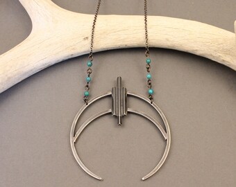 Spirit Naja sterling silver modern squash blossom necklace with turquoise- long