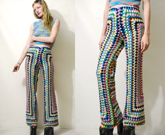 CROCHET Pants Rainbow Granny Square Flares Crochet Bell Bottoms Crochet Flares Knit Wool Pants Highwaisted Bohemian Hippie 70s Vintage XS S