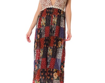1960s Ethnic Patchwork Print Lace Detail Halter Summer Dress SIZE: XS, 0