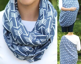 SALE! Navy Arrows 100% Cotton Muslin Gauze Hold Me Close Nursing Scarf, Nursing Cover, Infinity Scarf, Nursing Poncho