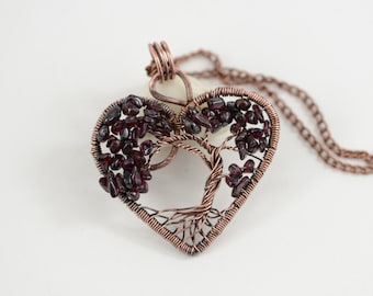 Heart Tree-Of-Life Necklace Garnet Necklace Pendant Wire Wrapped Pendant Wired Copper Jewelry Family Tree January Birthstone Gift for her