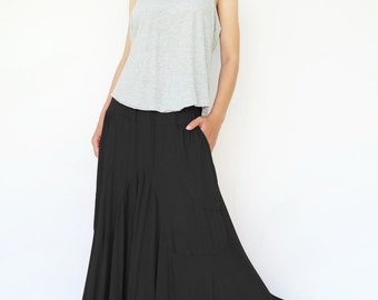 NO.136 Black Rayon Spandex Softly Softly Asymmetrical Skirt, Long Maxi Skirt