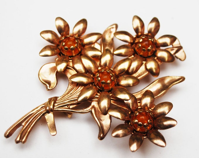 Gold Flower Brooch - Amber Orange Glass cabochon - Mid century - Floral Pin