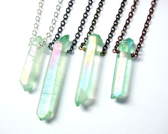 Apple Green Opal Aura Quartz Point Raw Crystal Necklace | Titanium Quartz | Sterling Silver, Silver-Plated, Antiqued Brass, Copper, Gunmetal