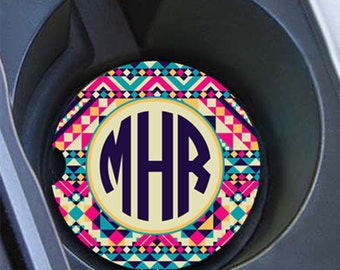 Birthday gift for her, Monogram car coaster, Personalised cup holder coaster, Tribal vanity car accessories, Cute Aztec car decor (1261)