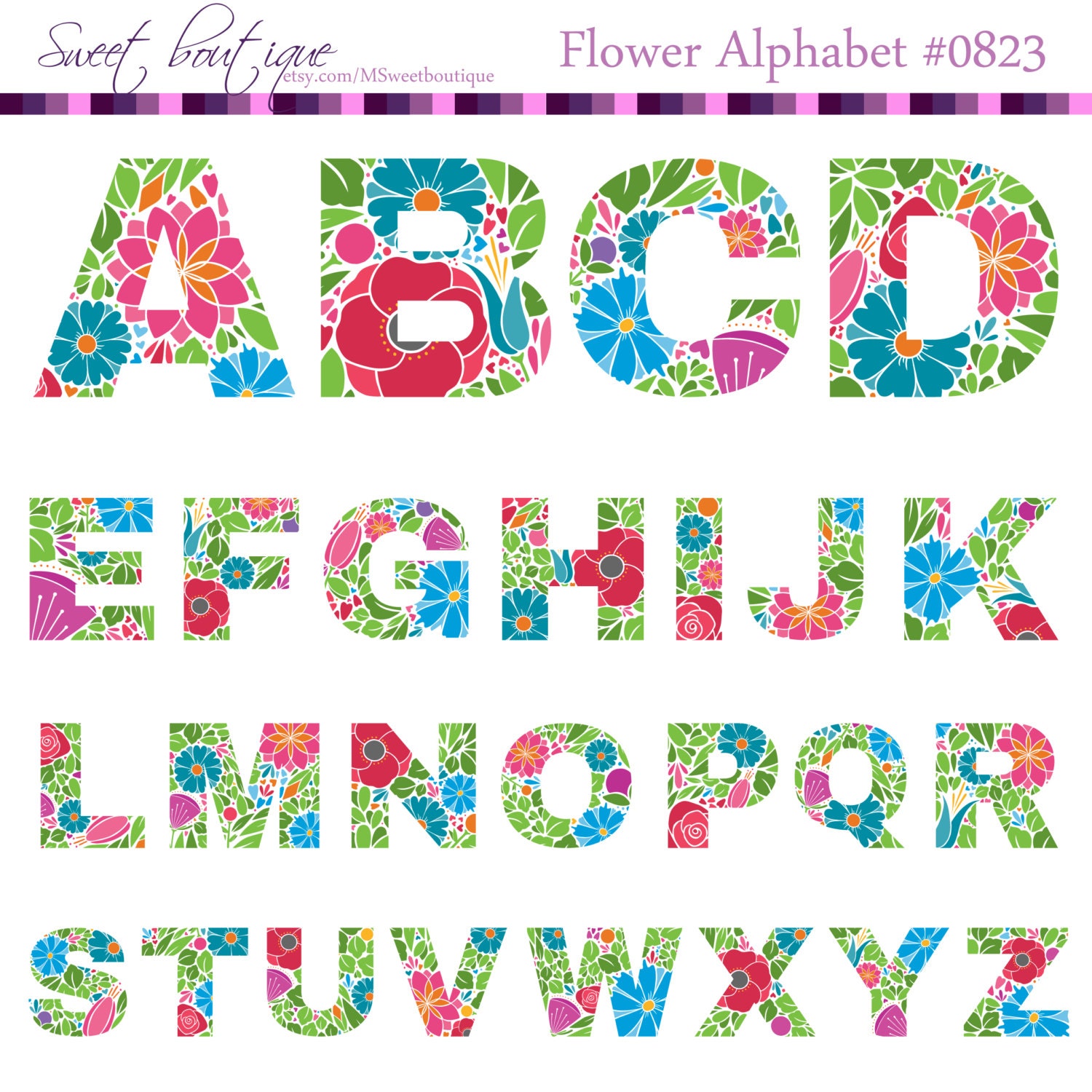COLOR Flowers Alphabet Clipart alphabet Flourish Alphabet