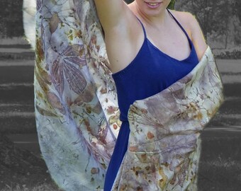 Silk Wrap, shawl, large 35" x 84" eco-printed with all natural designs & colors from actual plants, totally organic and natural OOAK