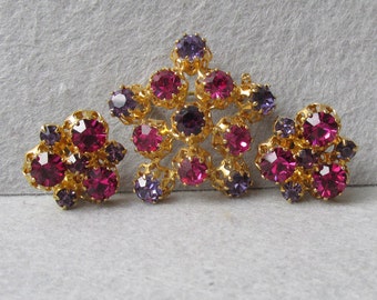 Made In Austria Pink, Purple Rhinestone Pin & Earrings Set, Vintage Demi Parure