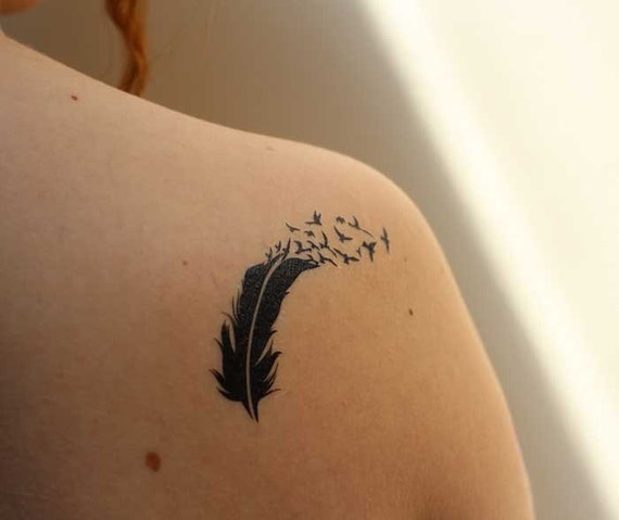 Feather and flying birds temporary tattoo set of 2