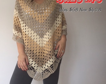 Crochet Handmade Extra Large Poncho, Cream Ecru Shawl, Fall Winter Fashion Accessories