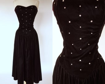 1980s black velvet dress, strapless, fit and flare, rhinestone, tea length, formal, prom, cocktail dress, Positively Ellyn, medium