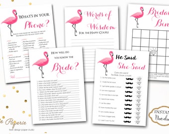 INSTANT DOWNLOAD - Flamingo BRIDAL Games Package - Luau Tropical Hawaiian Flamingo Printable Bridal Shower Games - Bridal Game Pack - 0216