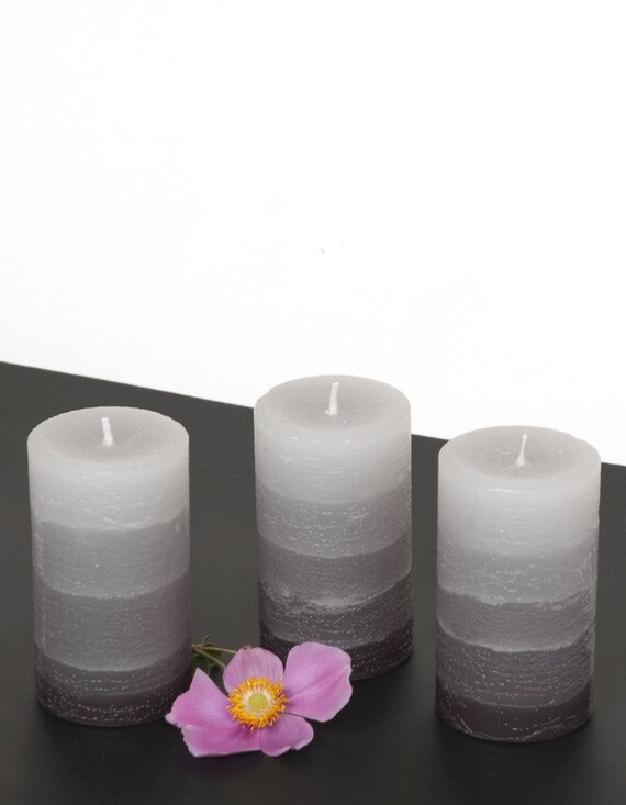 3 Gray Pillar Candles 2 x 3 Rustic Layered Fade Style