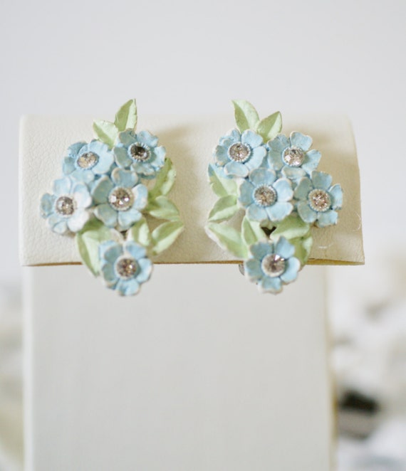 Vintage Japan Clip Earrings with Blue Flowers and Green