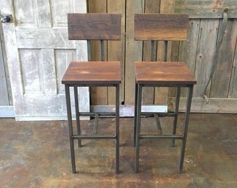 Reclaimed Wood Bar Stools, Industrial Stool, Reclaimed Barn Wood Stool With Hand Welded Steel Base and Eco-Friendly Finish - Set of 2