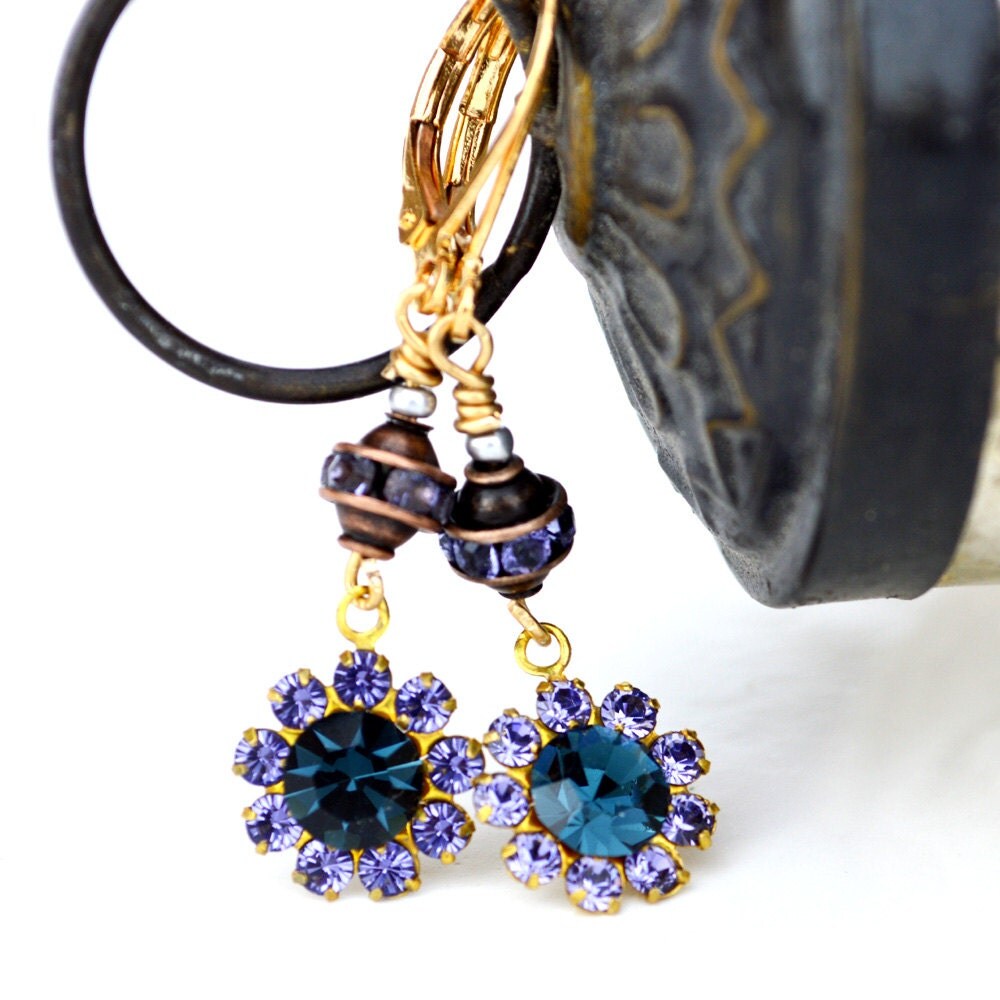 Purple and Blue Flower Drop Earrings by PETALTOMETALJEWELS