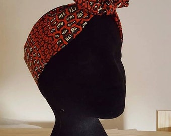 African Wax red orange leopard print turban unique head scarf pin up hair wrap rockabilly headband