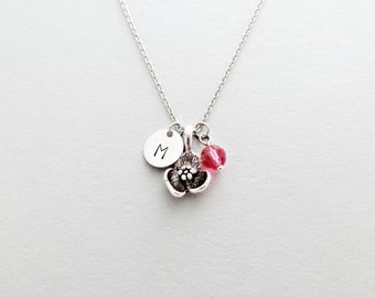 Flower Initial Necklace Personalized Hand Stamped - with Silver Flower Charm and Custom Bead