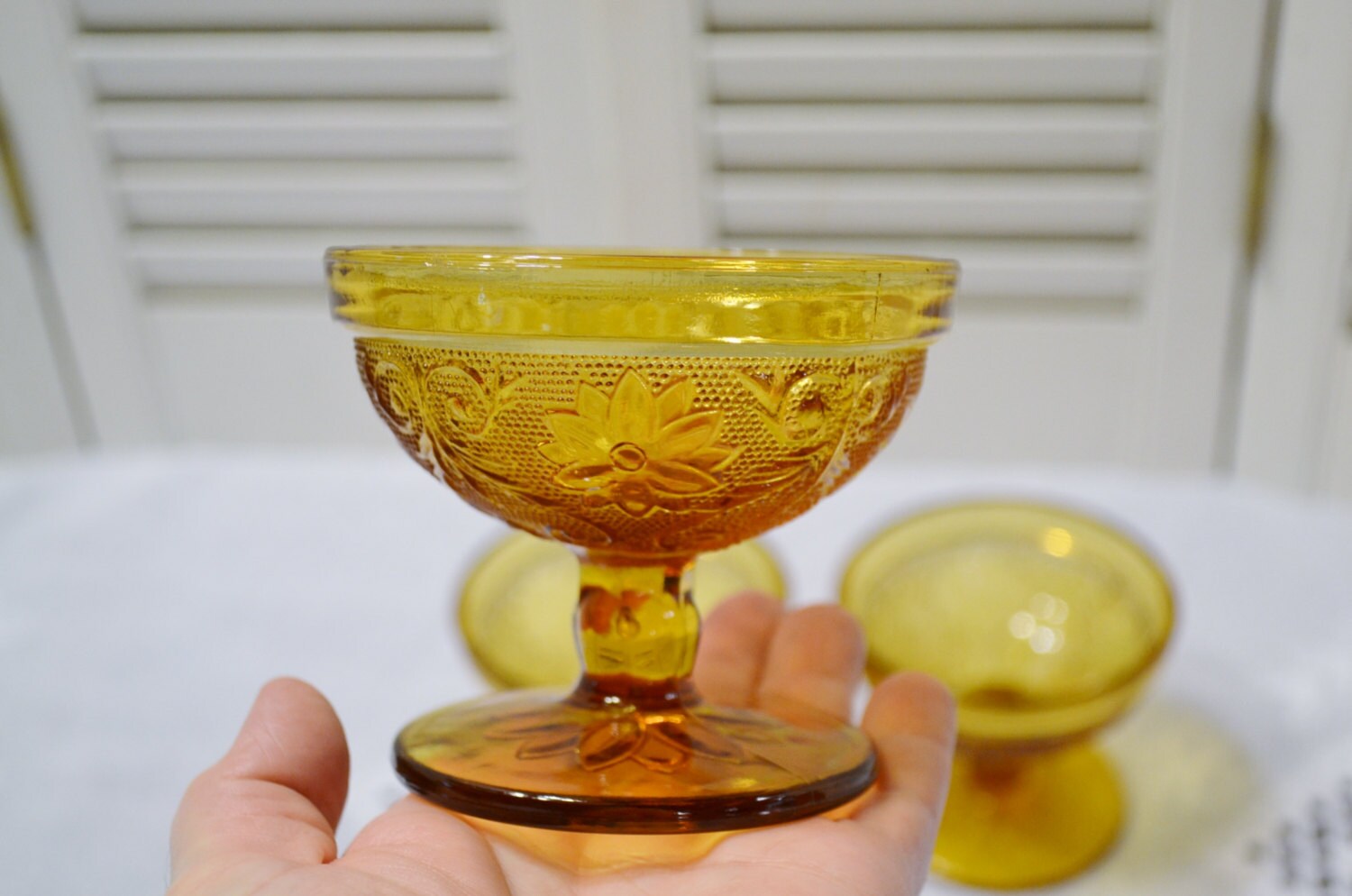 Vintage Tiara Sherbet Glass Set of 3 Amber Sandwich Glass