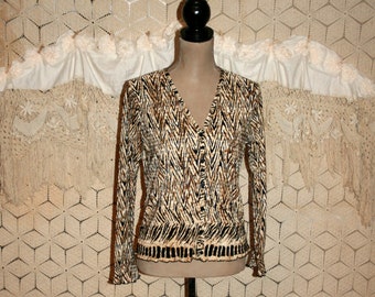 Long Sleeve Blouse Tribal African Animal Print Fall Top Sexy Brown Black Button Up Petite Clothing Small Medium Womens Clothing