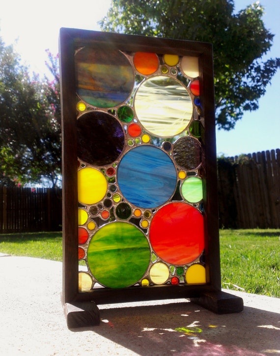 Stained Glass Panel in Wood Frame Display Stand by JBsGlassHouse