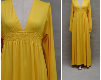 Vintage dress, 1970's Maxi dress, Bold canary yellow full length dress with empire line silhouette, Plunge neckline, 70's evening gown