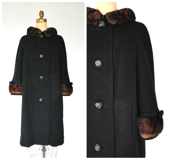 50's Wool Swing Coat Black Jacket with Brown Fur Trim