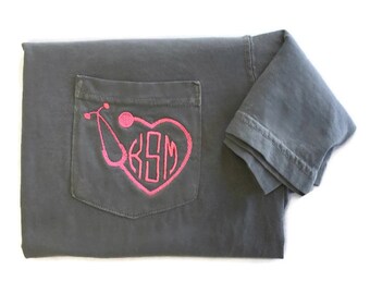 Monogram Shirt - Nurse Monogram Pocket Tee - Stethoscope Monogram - RN Gift- Comfort Colors -Short Sleeve T Shirt - Monogrammed Clothing-