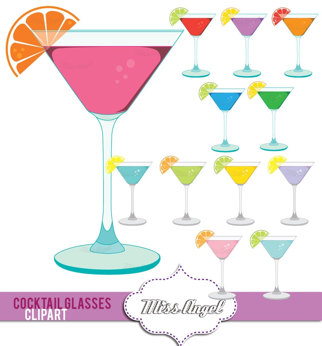 Martini Glasses Clipart Colorful Digital Cocktail Glasses