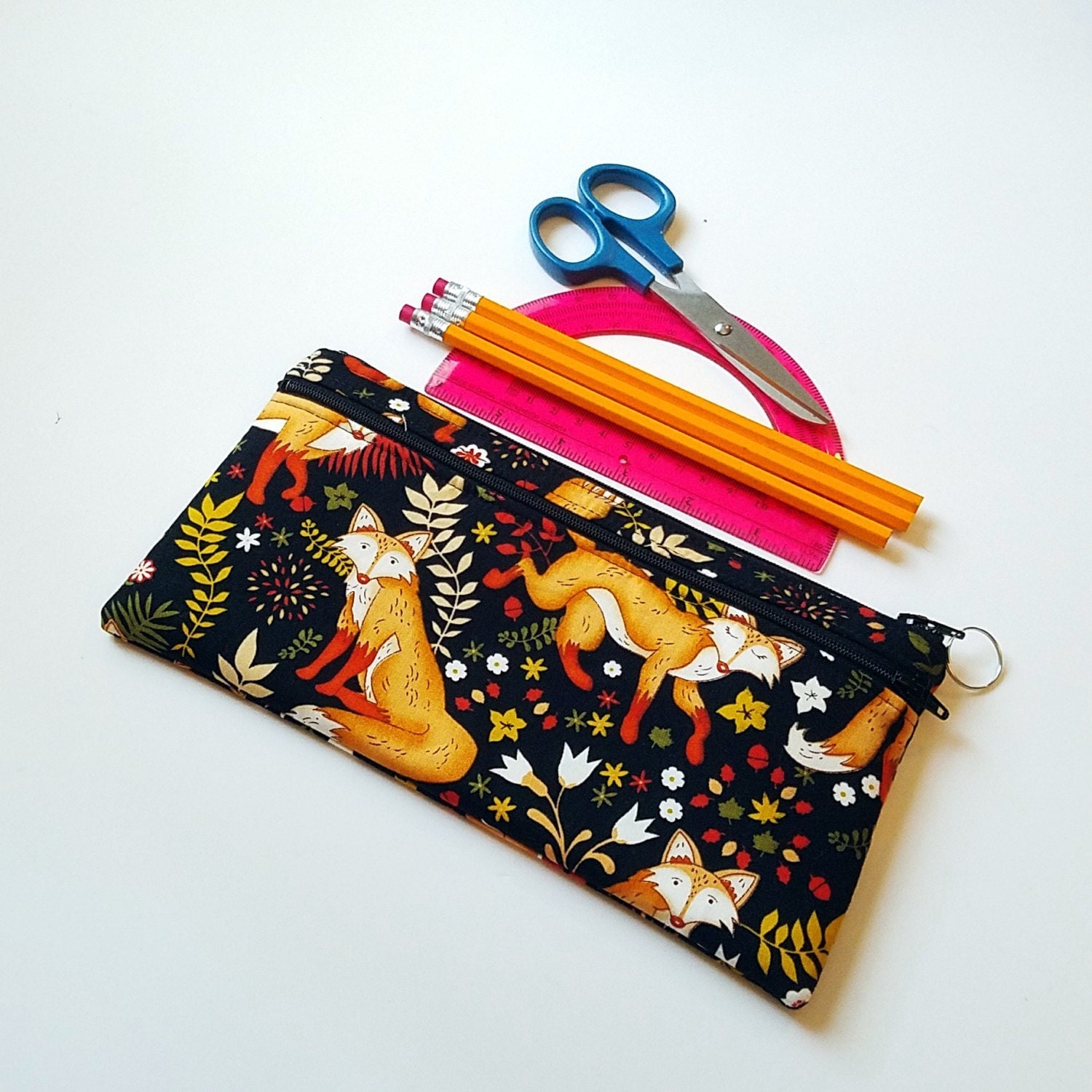 Fox Double Zipper Pencil Case / Black